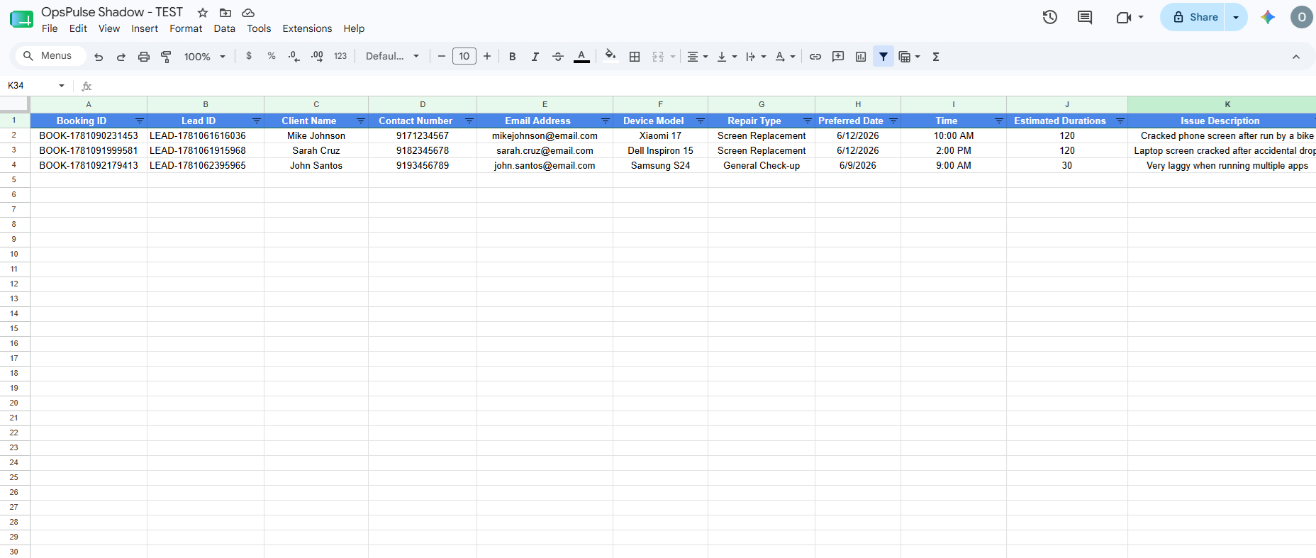 OpsPulse appointments Google Sheet dashboard first view