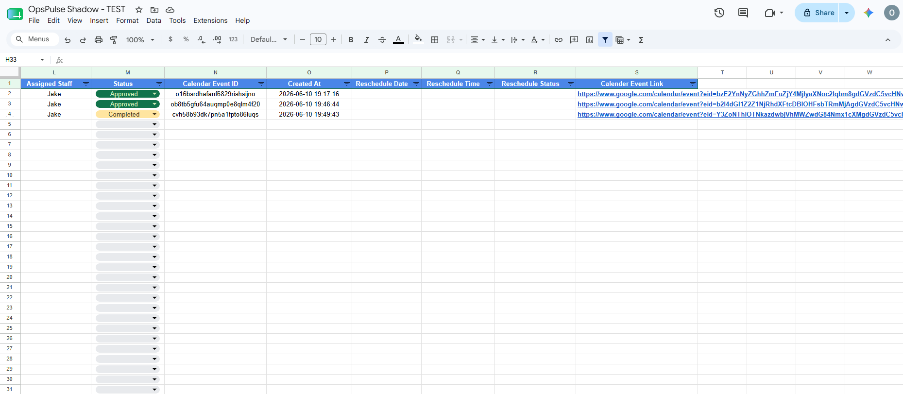 OpsPulse appointments calendar status dashboard