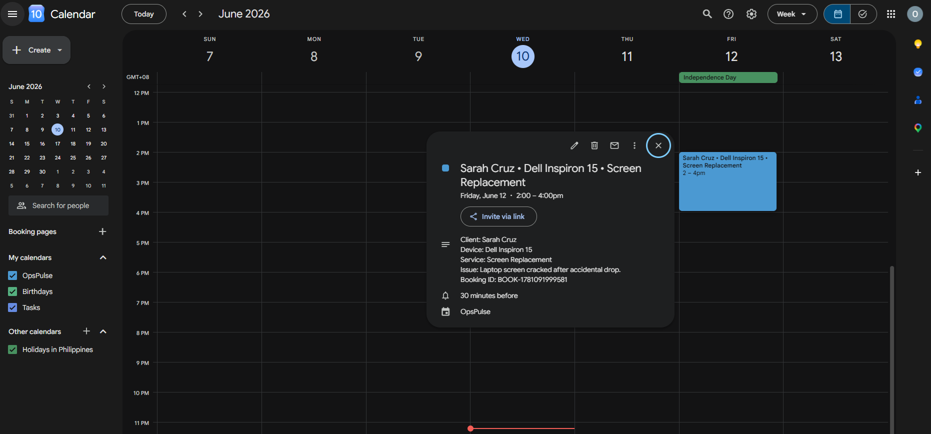 OpsPulse Google Calendar event integration