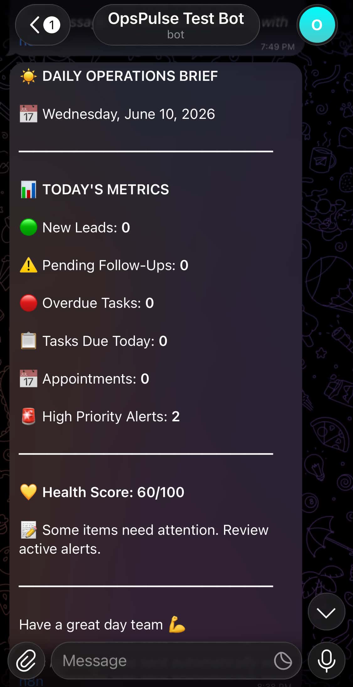 OpsPulse daily operations report Telegram alert