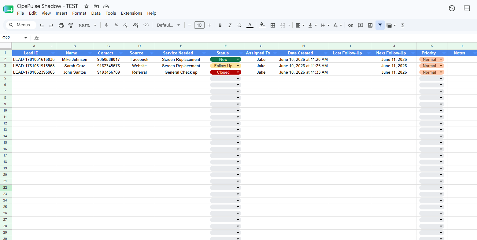 OpsPulse leads Google Sheet dashboard