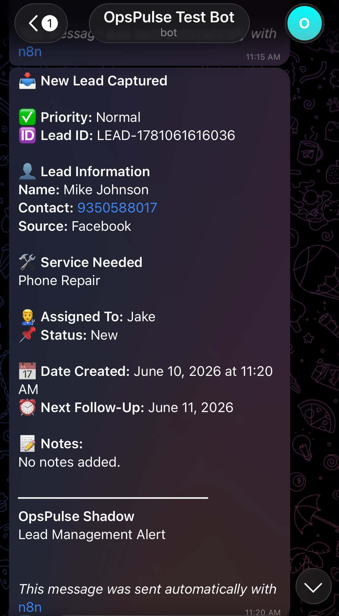 OpsPulse new lead captured Telegram alert