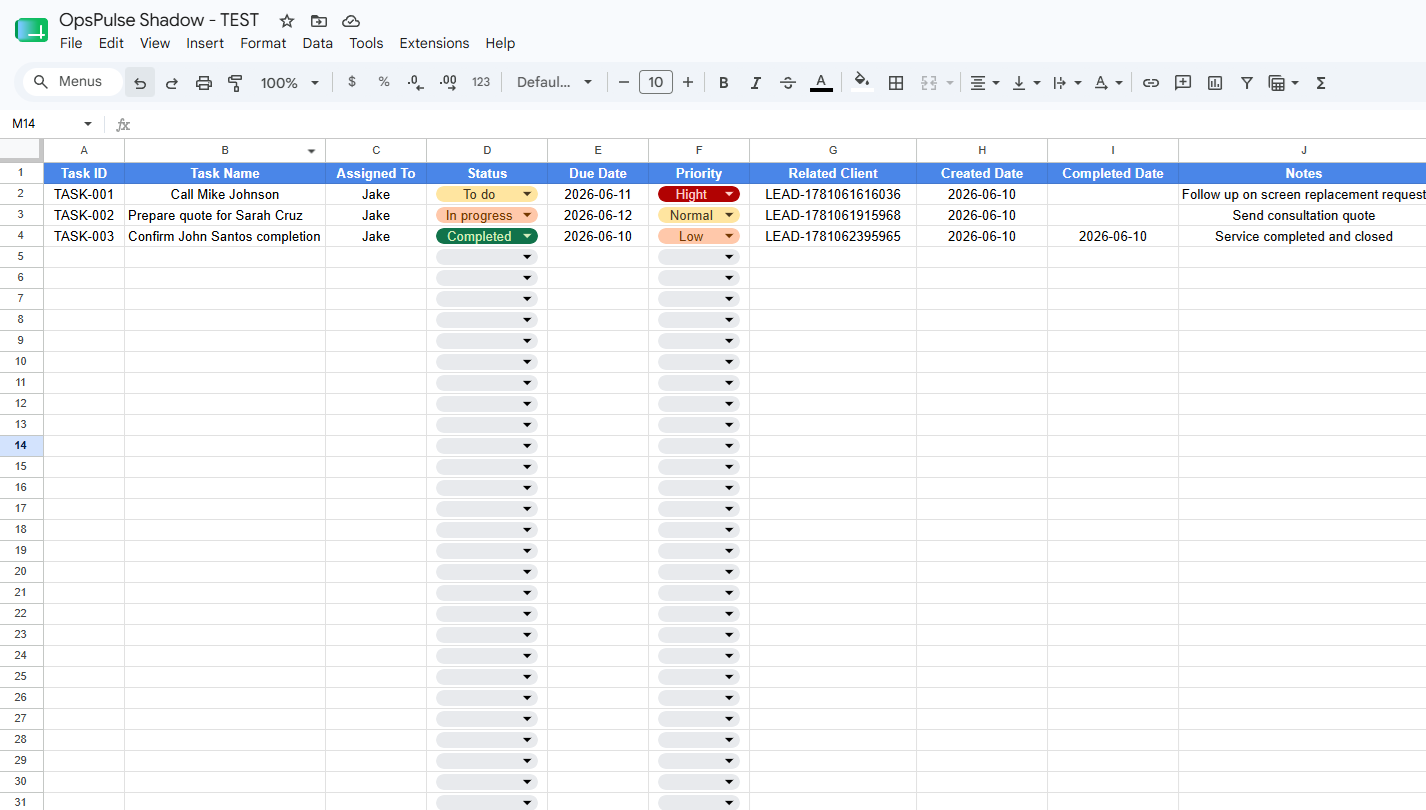 OpsPulse tasks Google Sheet dashboard